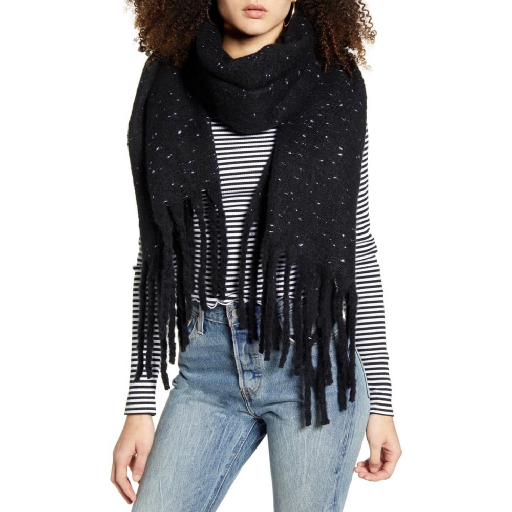 NEW BP Nordstrom Fringe Trim Muffler Scarf Black